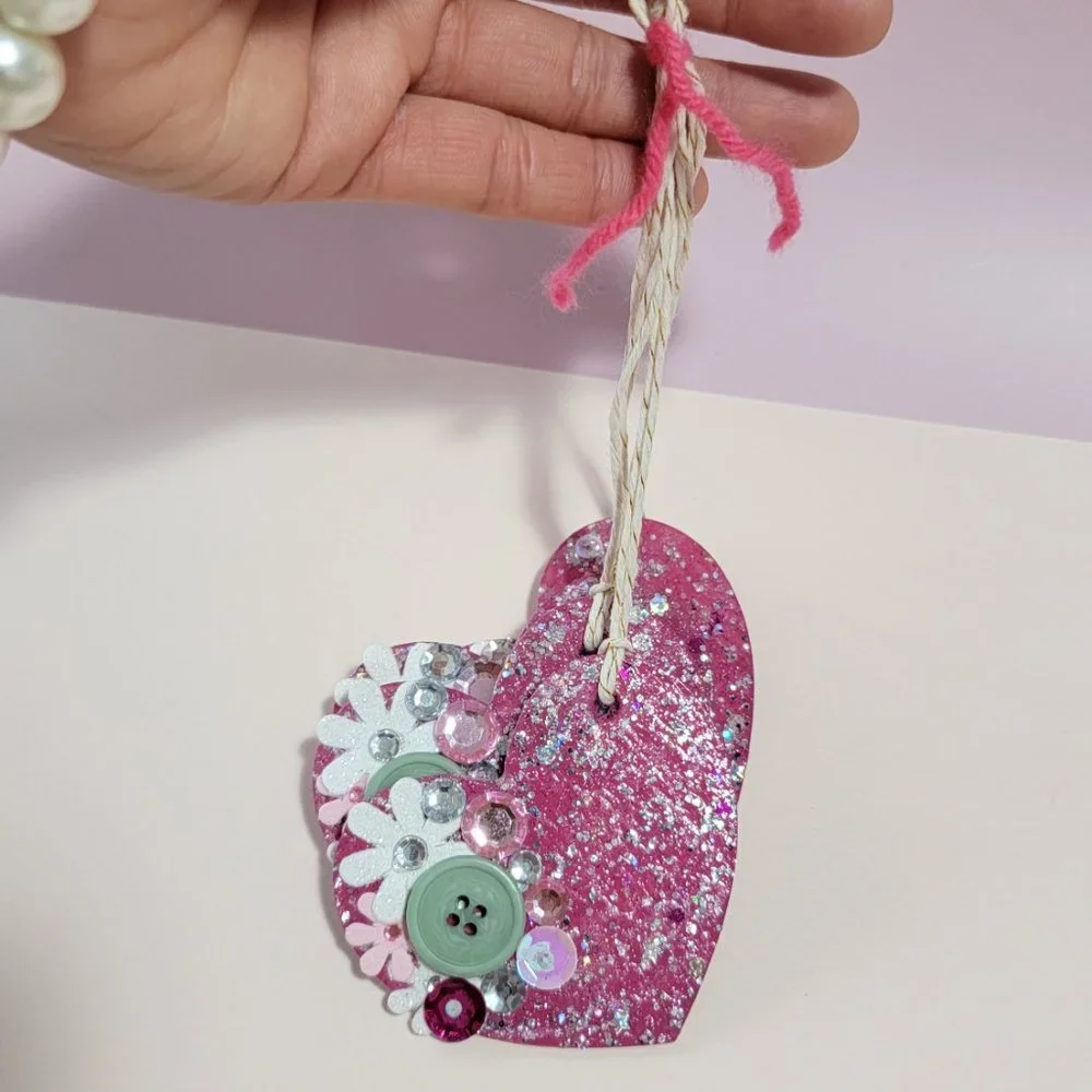 Handmade Pink Glitter Heart Ornament Decor Fuchsia Hanging Gift for Girls